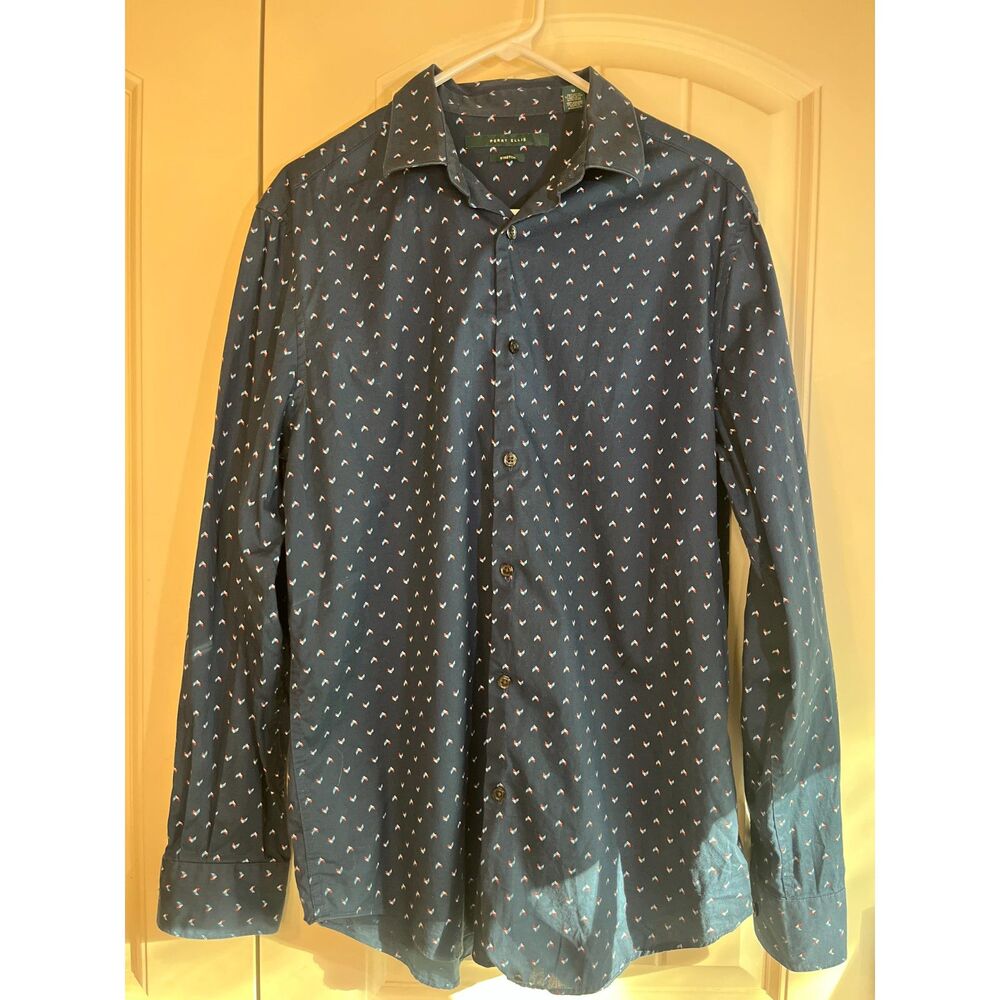 Men's Navy Patterned Button Down Shirt Medium | Stretch Long Sleeve